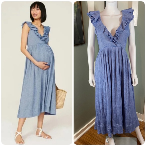 Hatch Dresses & Skirts - Hatch Sz 2 Sarah Maternity Steel Blue Gauze Cotton India Ruffle Midi Maxi Dress
